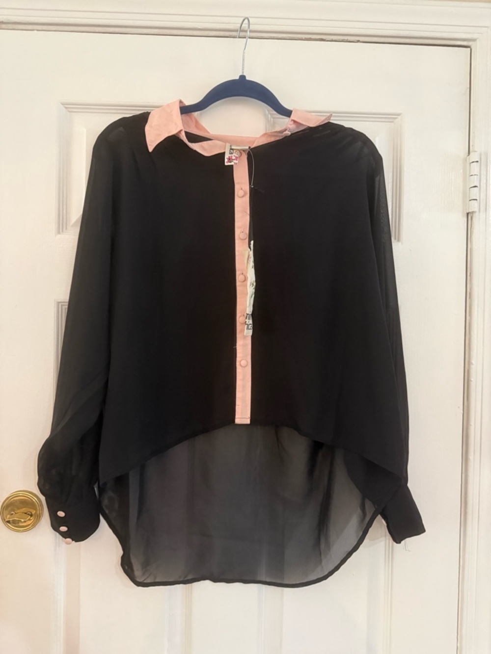Mimi Chica Black Blouse with Peach Trim and Floral Tag